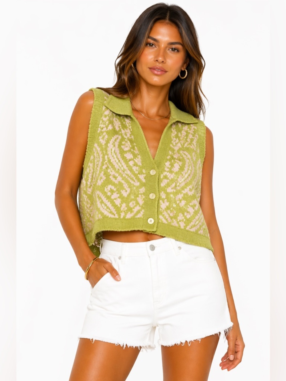 For Love And Lemons Simone Green Knit Sweater Vest 2X